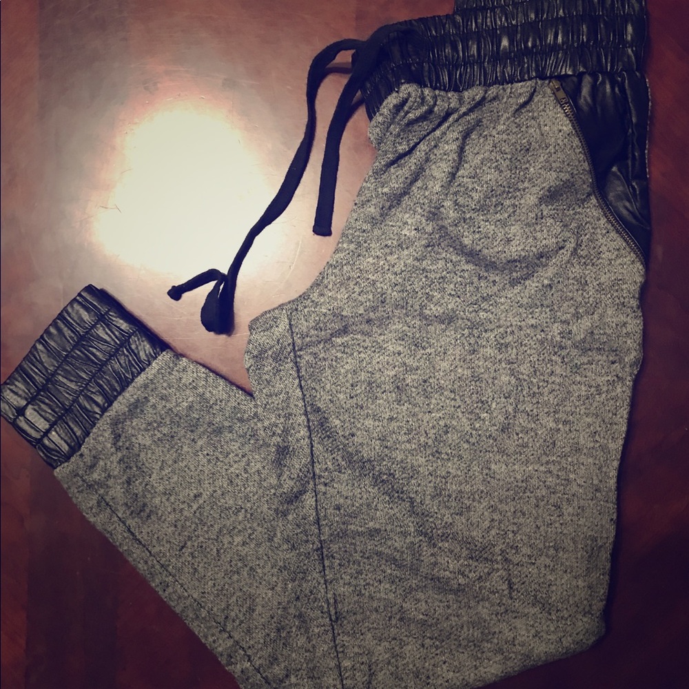 Gray joggers with black pleather detailing